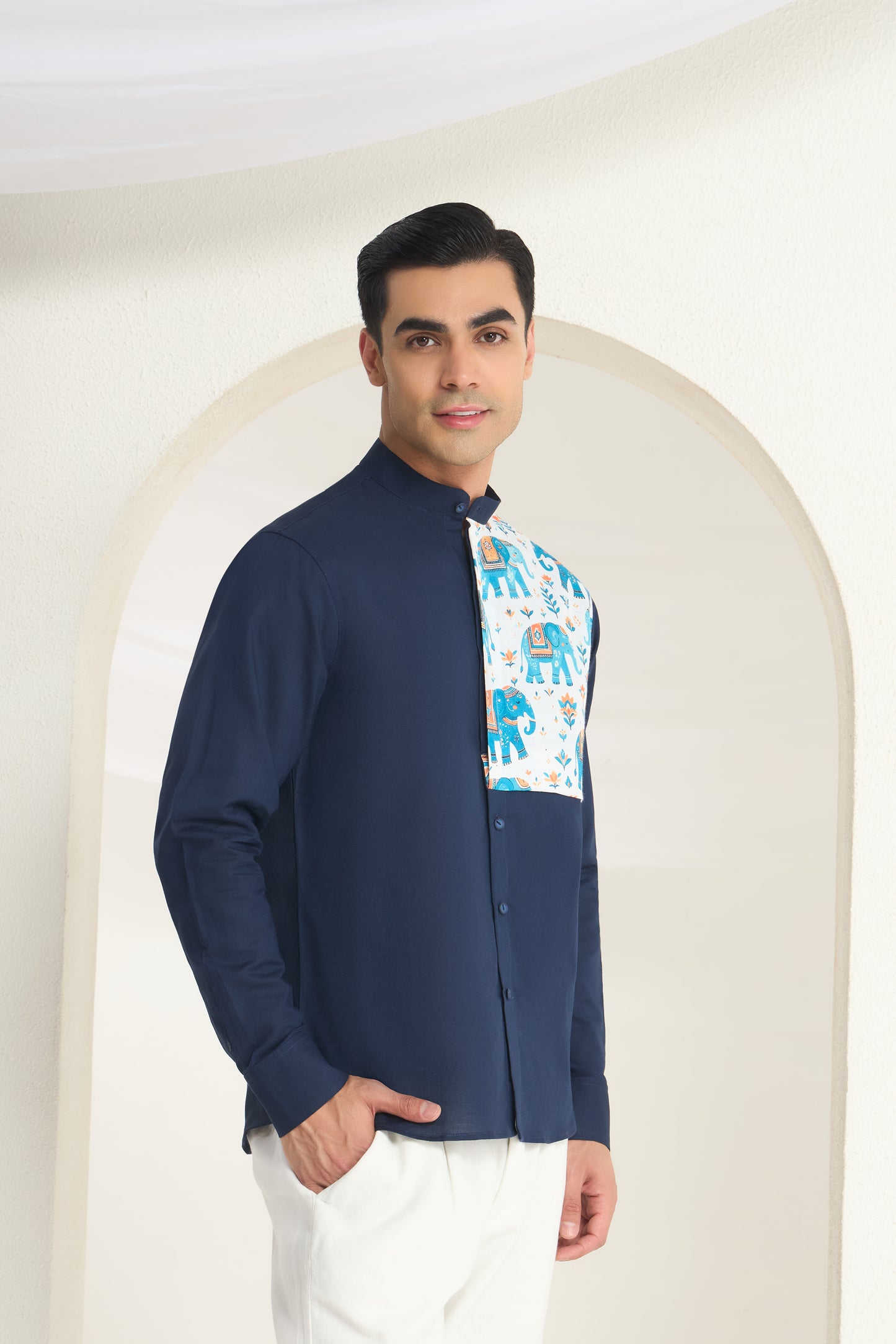 Midnight Blue Mandarin Collar Linen Shirt with Heritage Elephant Side Yoke Print | INDYSLAY