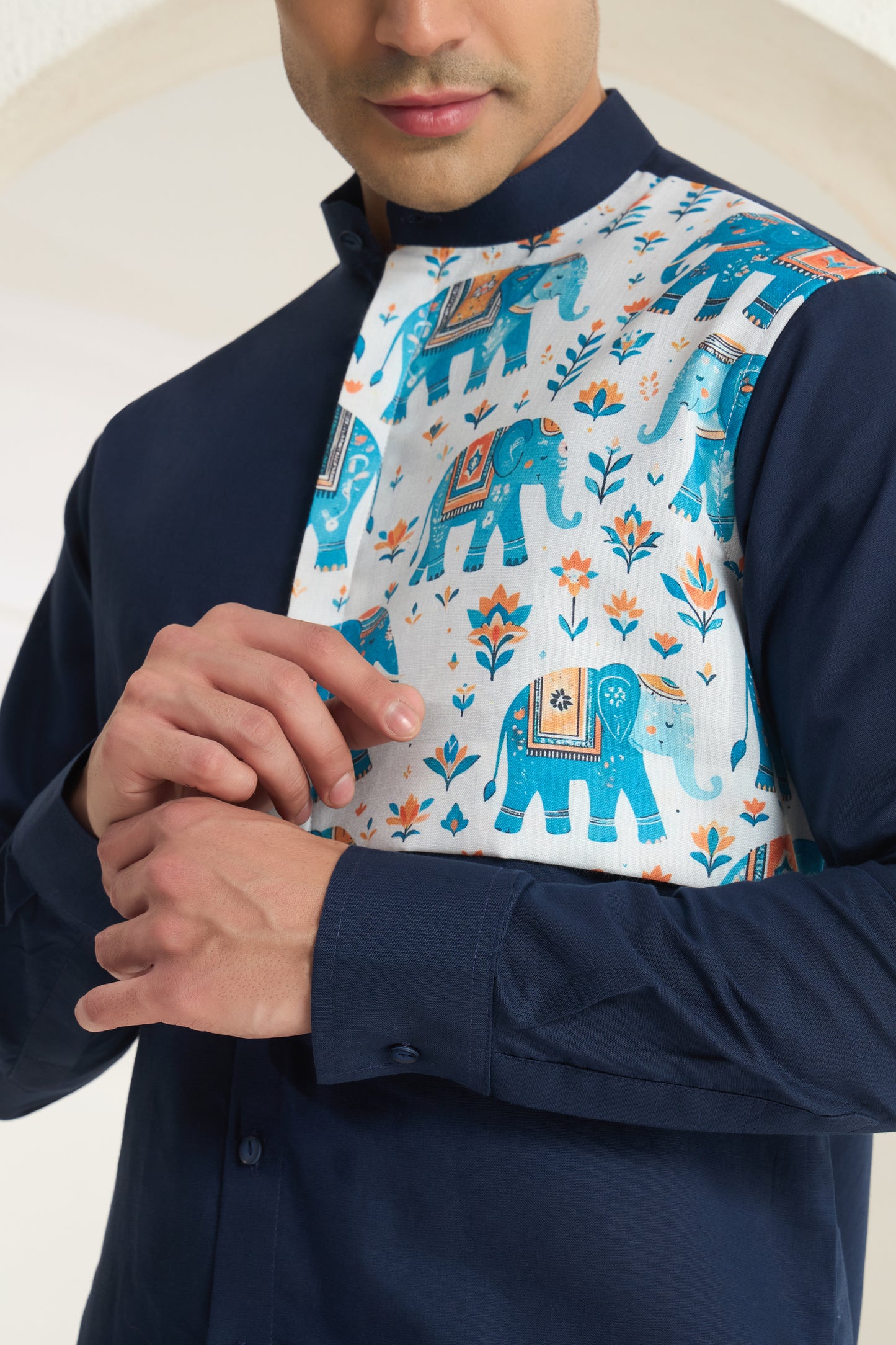 Midnight Blue Mandarin Collar Linen Shirt with Heritage Elephant Side Yoke Print | INDYSLAY