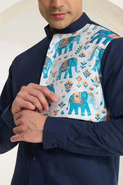 Midnight Blue Mandarin Collar Linen Shirt with Heritage Elephant Side Yoke Print | INDYSLAY