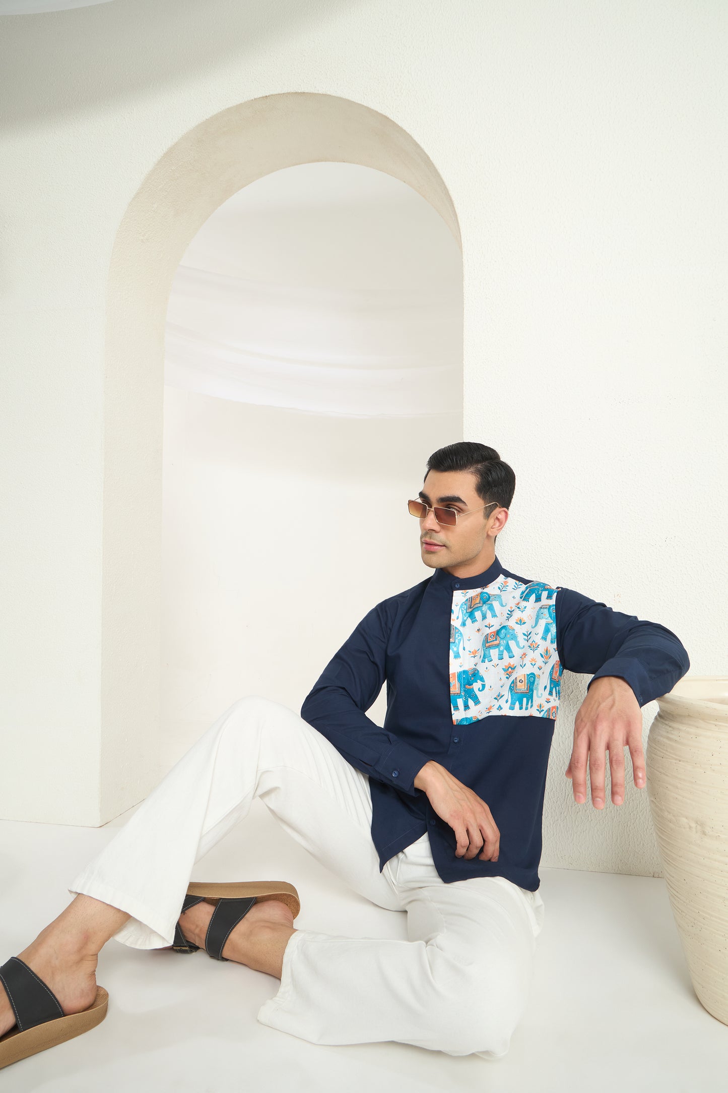 Midnight Blue Mandarin Collar Linen Shirt with Heritage Elephant Side Yoke Print | INDYSLAY
