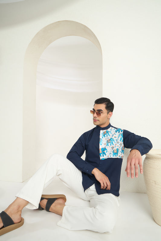 Midnight Blue Mandarin Collar Linen Shirt with Heritage Elephant Side Yoke Print | INDYSLAY