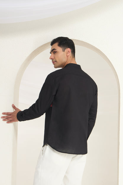 Black Mandarin Collar Linen Shirt with Royal Elephant Print Side Yoke | INDYSLAY