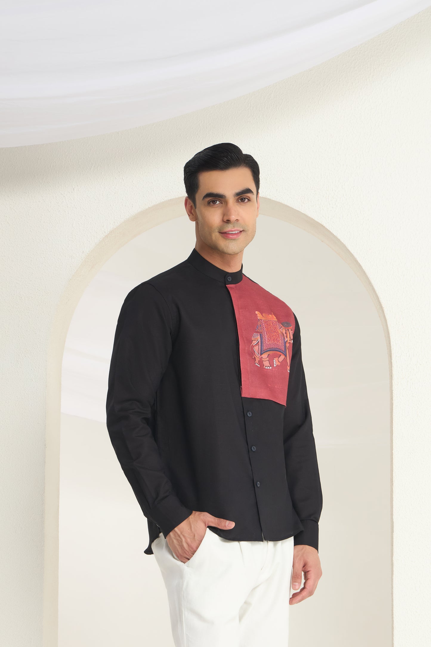 Black Mandarin Collar Linen Shirt with Royal Elephant Print Side Yoke | INDYSLAY