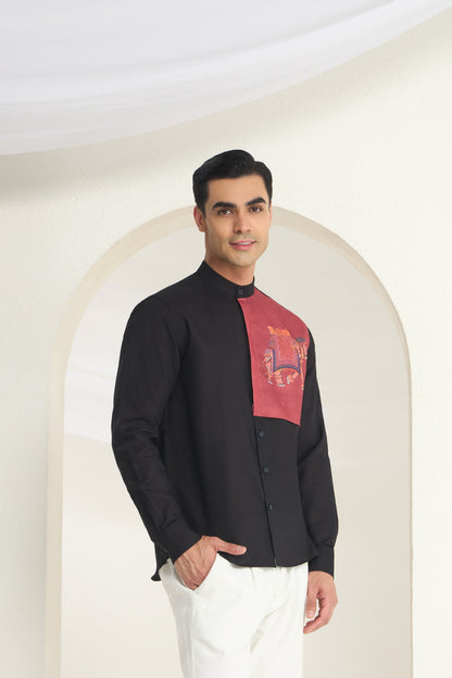 Black Mandarin Collar Linen Shirt with Royal Elephant Print Side Yoke | INDYSLAY