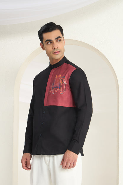 Black Mandarin Collar Linen Shirt with Royal Elephant Print Side Yoke | INDYSLAY