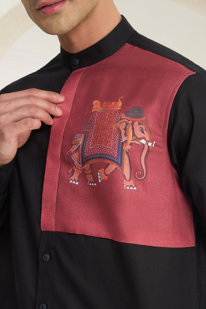Black Mandarin Collar Linen Shirt with Royal Elephant Print Side Yoke | INDYSLAY