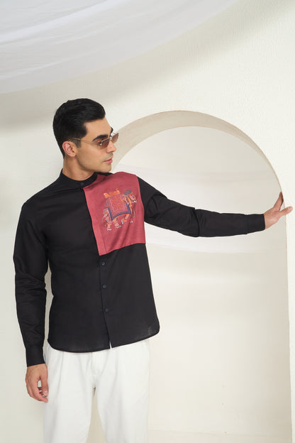Black Mandarin Collar Linen Shirt with Royal Elephant Print Side Yoke | INDYSLAY