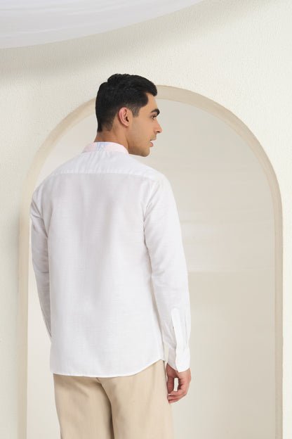 White Linen Mandarin Collar Shirt for Men with Soft Gradient Placket and Collar| INDYSLAY