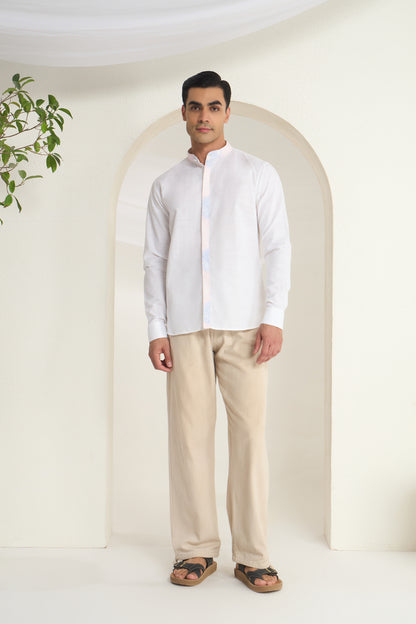 White Linen Mandarin Collar Shirt for Men with Soft Gradient Placket and Collar| INDYSLAY