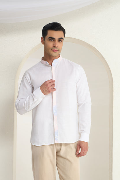 White Linen Mandarin Collar Shirt for Men with Soft Gradient Placket and Collar| INDYSLAY