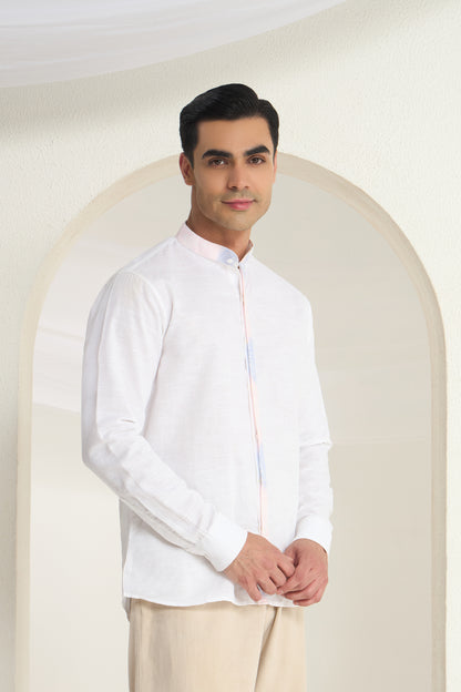 White Linen Mandarin Collar Shirt for Men with Soft Gradient Placket and Collar| INDYSLAY