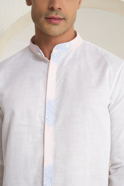 White Linen Mandarin Collar Shirt for Men with Soft Gradient Placket and Collar| INDYSLAY