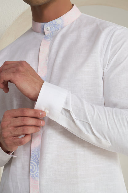 White Linen Mandarin Collar Shirt for Men with Soft Gradient Placket and Collar| INDYSLAY