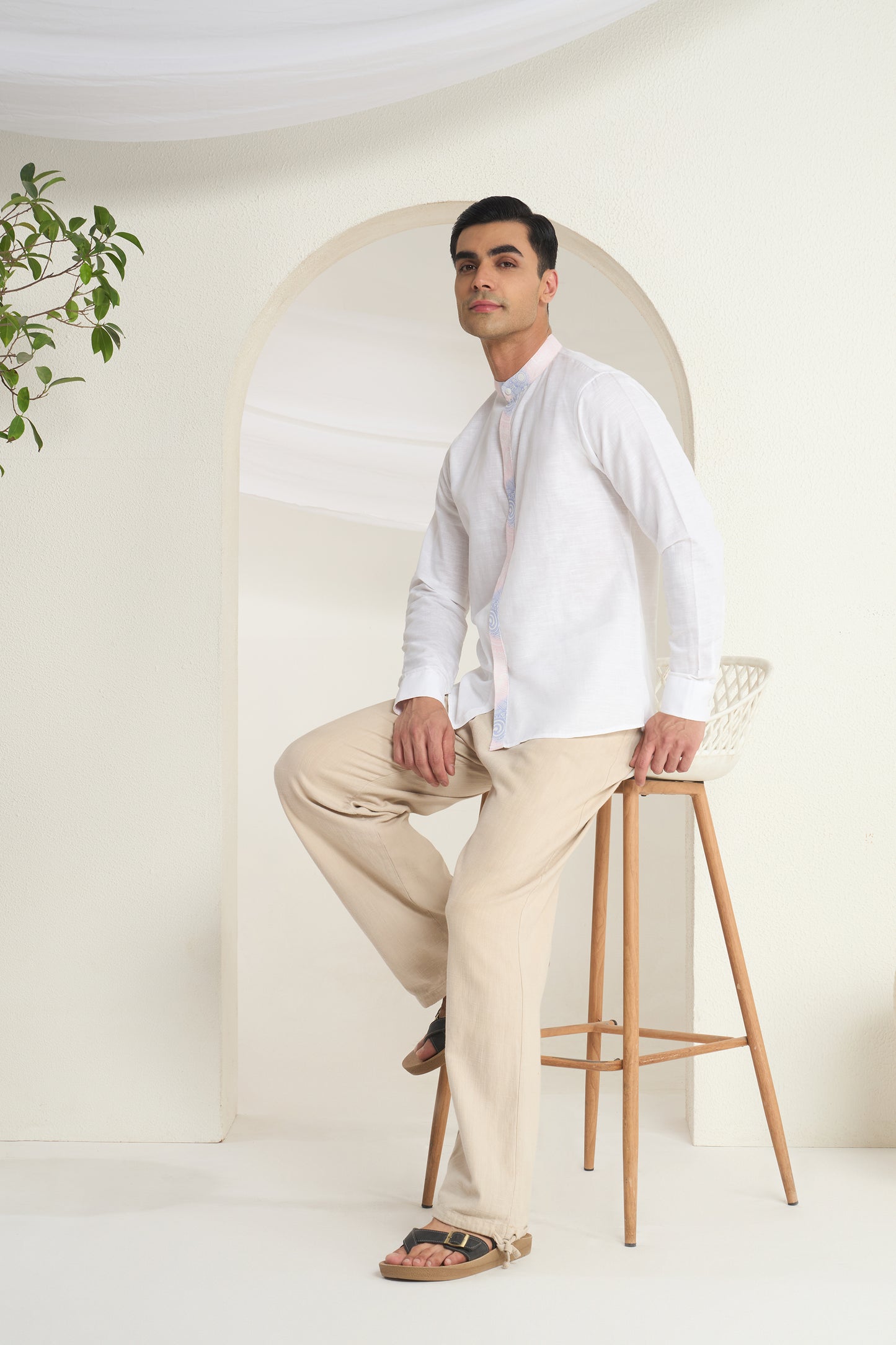 White Linen Mandarin Collar Shirt for Men with Soft Gradient Placket and Collar| INDYSLAY