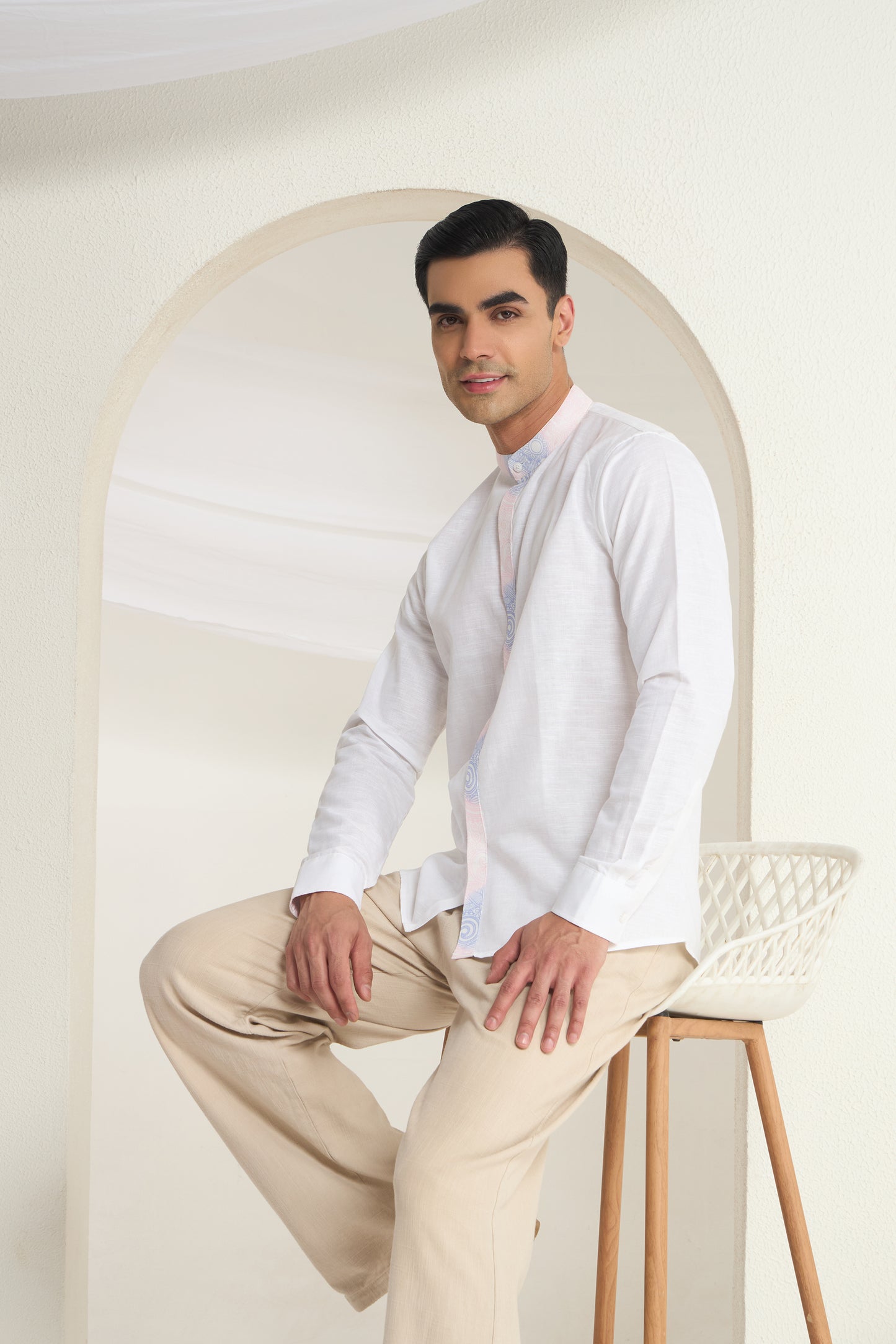 White Linen Mandarin Collar Shirt for Men with Soft Gradient Placket and Collar| INDYSLAY