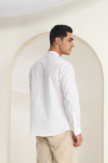 Arctic White Mandarin Collar Shirt with Orange Piping Detailing on Collar, Cuffs & Pocket | INDYSLAY