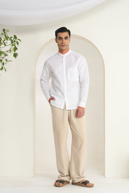 Arctic White Mandarin Collar Shirt with Orange Piping Detailing on Collar, Cuffs & Pocket | INDYSLAY