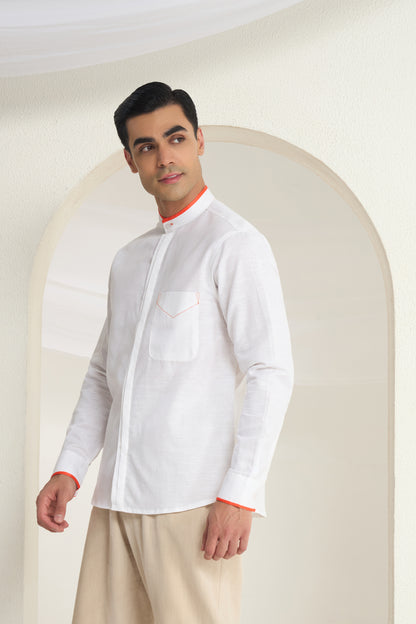 Arctic White Mandarin Collar Shirt with Orange Piping Detailing on Collar, Cuffs & Pocket | INDYSLAY