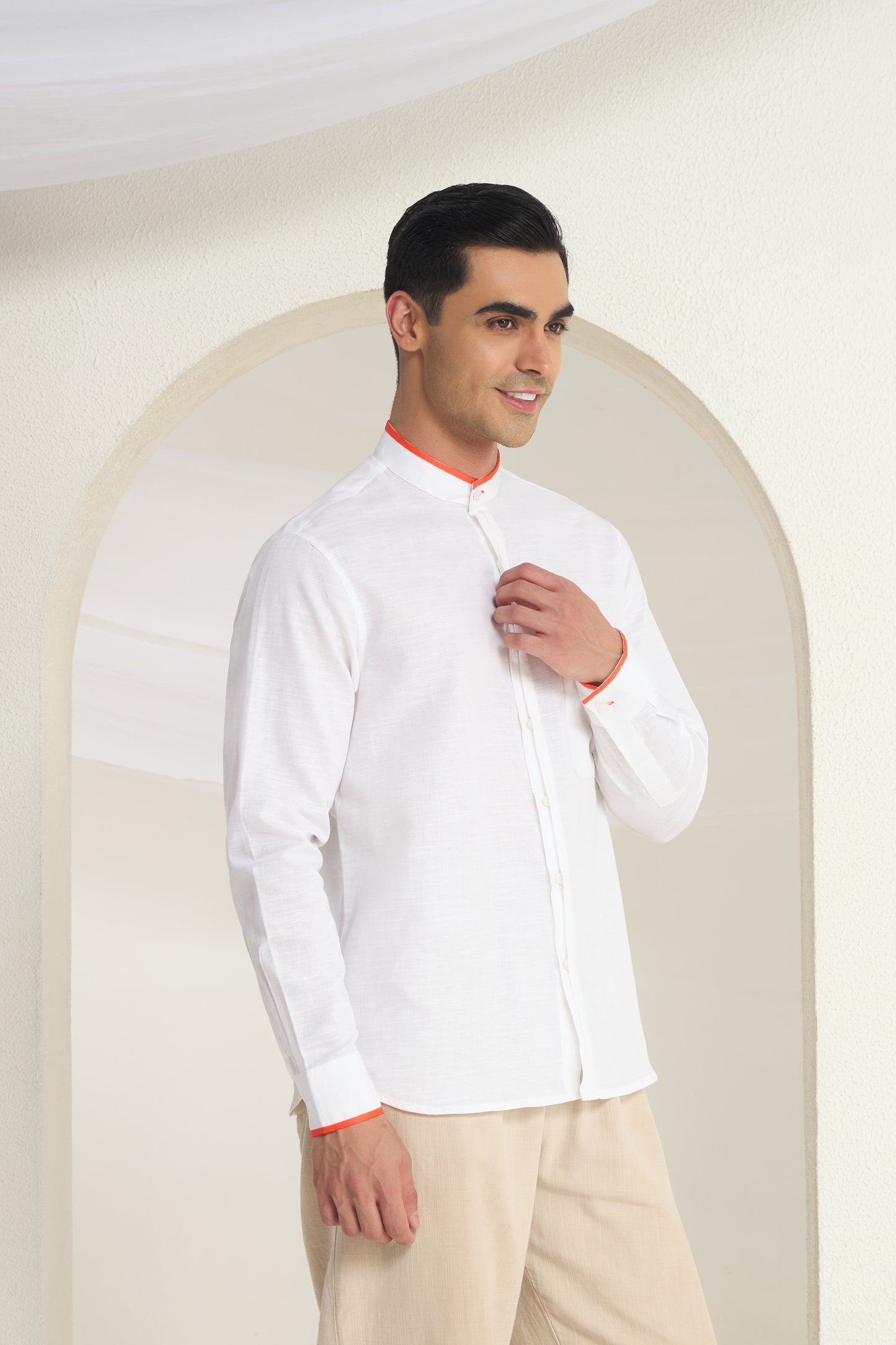 Arctic White Mandarin Collar Shirt with Orange Piping Detailing on Collar, Cuffs & Pocket | INDYSLAY