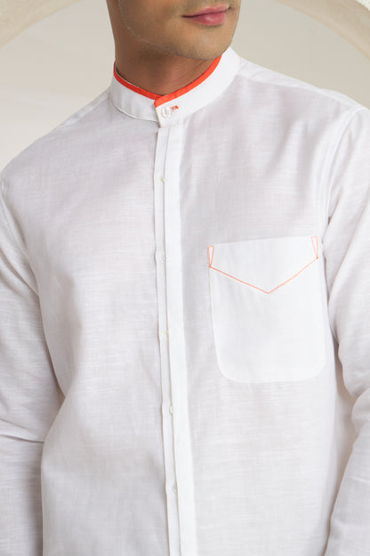 Arctic White Mandarin Collar Shirt with Orange Piping Detailing on Collar, Cuffs & Pocket | INDYSLAY