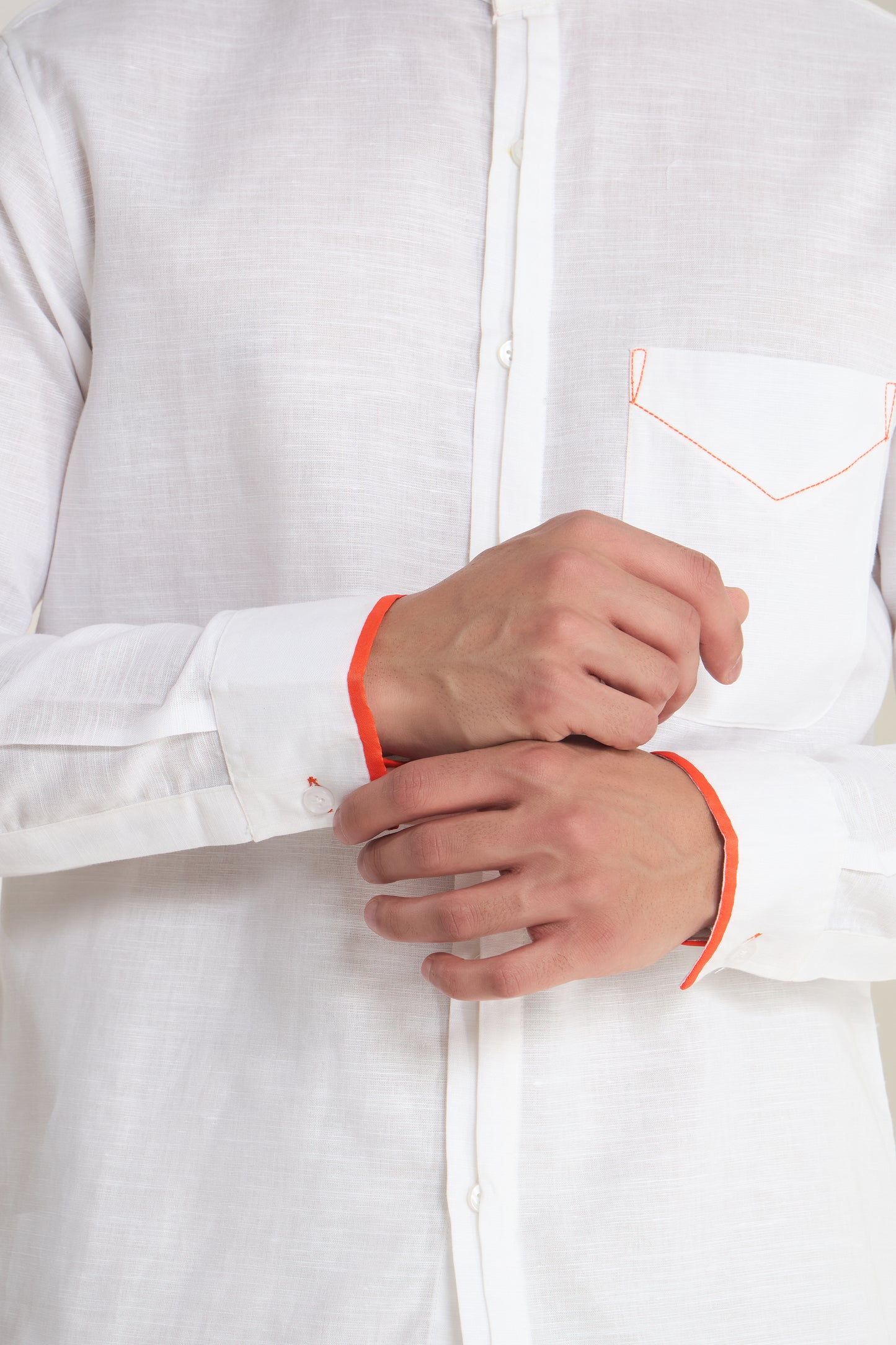 Arctic White Mandarin Collar Shirt with Orange Piping Detailing on Collar, Cuffs & Pocket | INDYSLAY