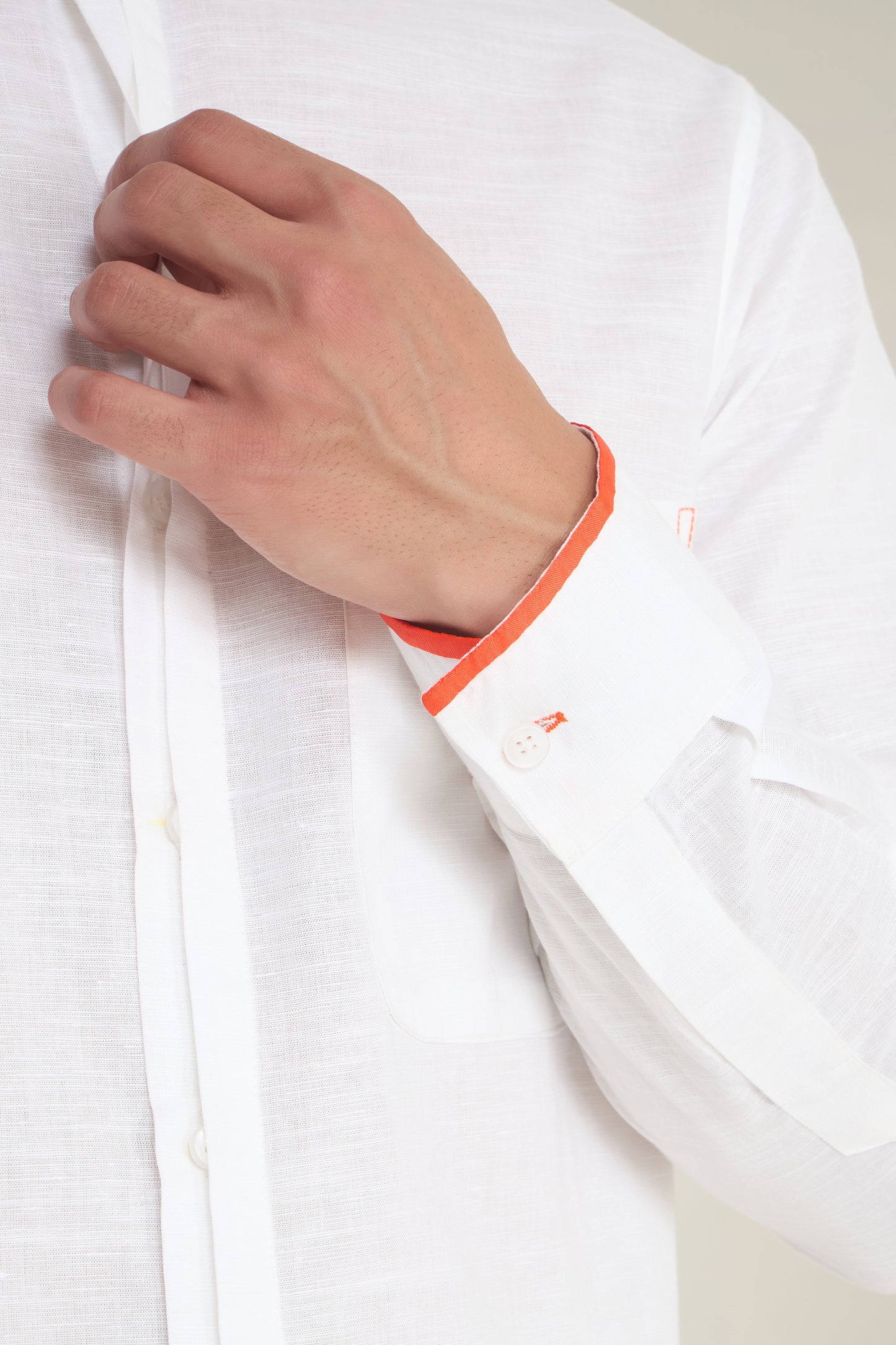 Arctic White Mandarin Collar Shirt with Orange Piping Detailing on Collar, Cuffs & Pocket | INDYSLAY