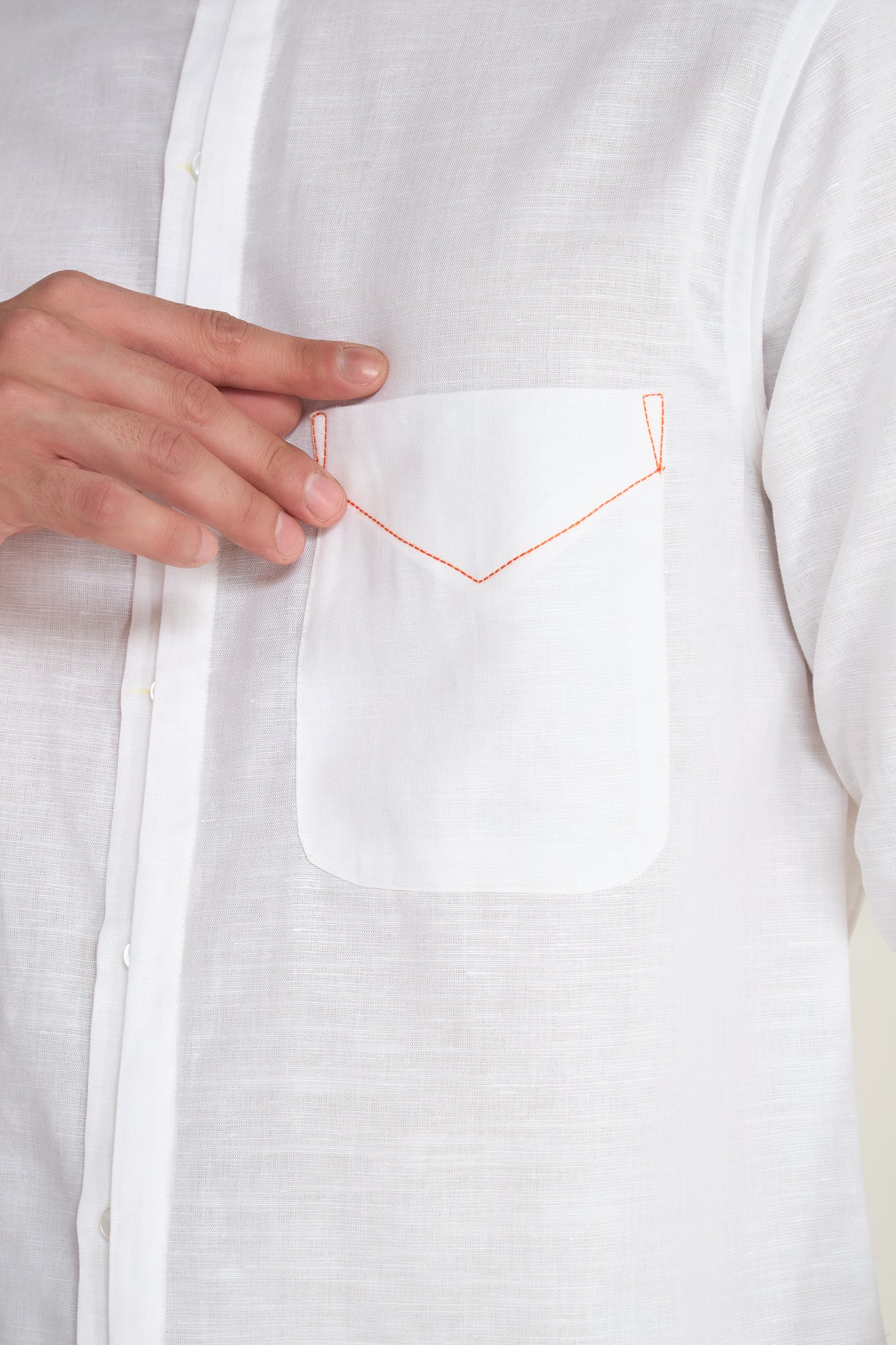 Arctic White Mandarin Collar Shirt with Orange Piping Detailing on Collar, Cuffs & Pocket | INDYSLAY
