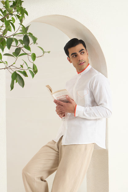 Arctic White Mandarin Collar Shirt with Orange Piping Detailing on Collar, Cuffs & Pocket | INDYSLAY