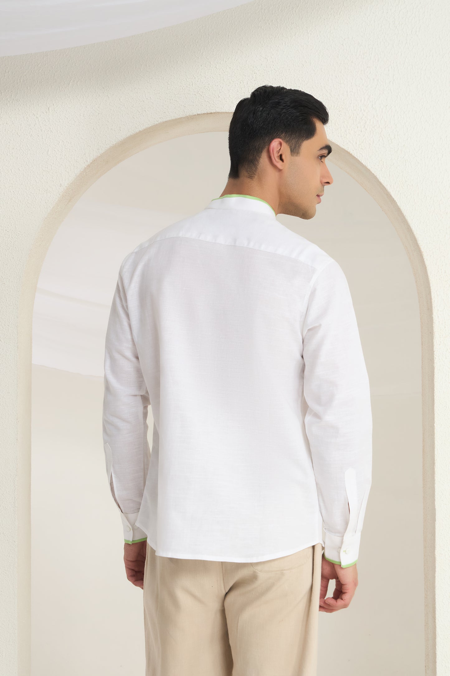White Mandarin Collar Linen Shirt with Elegant Green Piping detailing on Collar, Cuff and Pocket | INDYSLAY