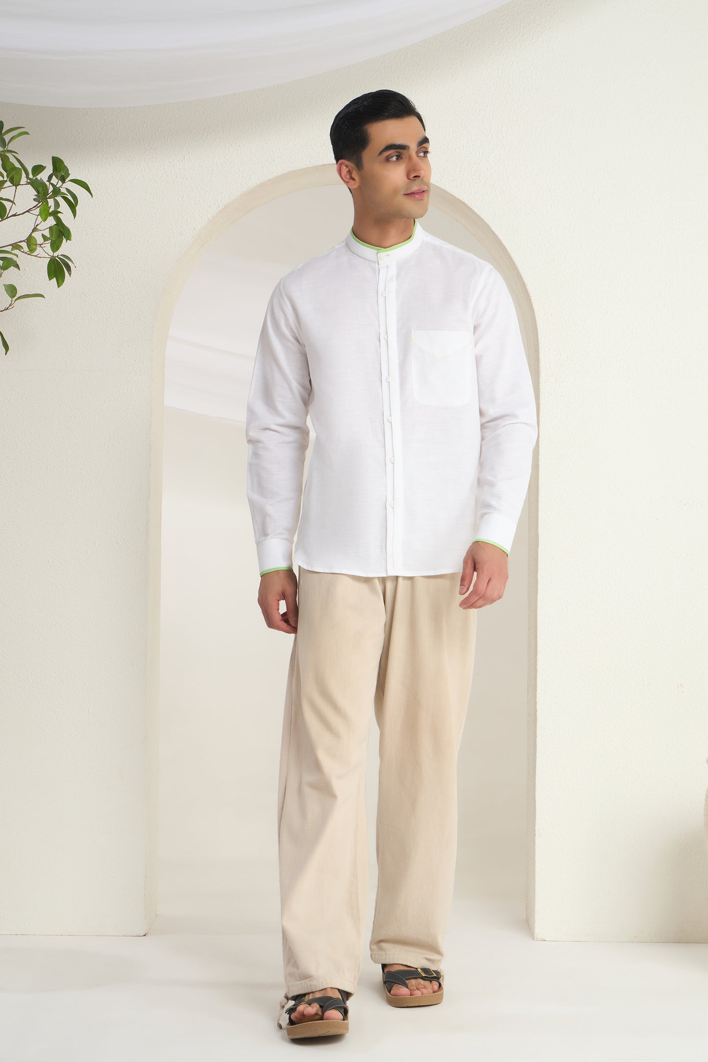 White Mandarin Collar Linen Shirt with Elegant Green Piping detailing on Collar, Cuff and Pocket | INDYSLAY