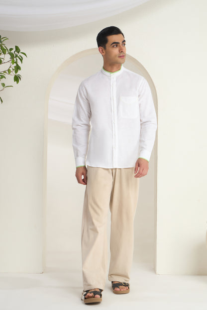 White Mandarin Collar Linen Shirt with Elegant Green Piping detailing on Collar, Cuff and Pocket | INDYSLAY