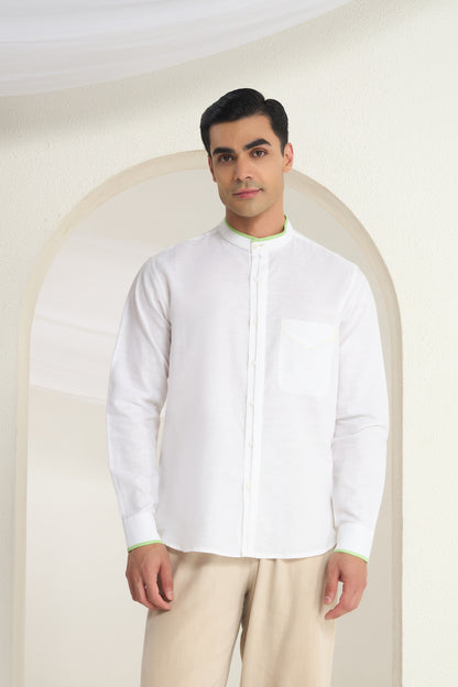 White Mandarin Collar Linen Shirt with Elegant Green Piping detailing on Collar, Cuff and Pocket | INDYSLAY