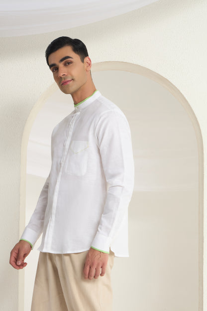 White Mandarin Collar Linen Shirt with Elegant Green Piping detailing on Collar, Cuff and Pocket | INDYSLAY