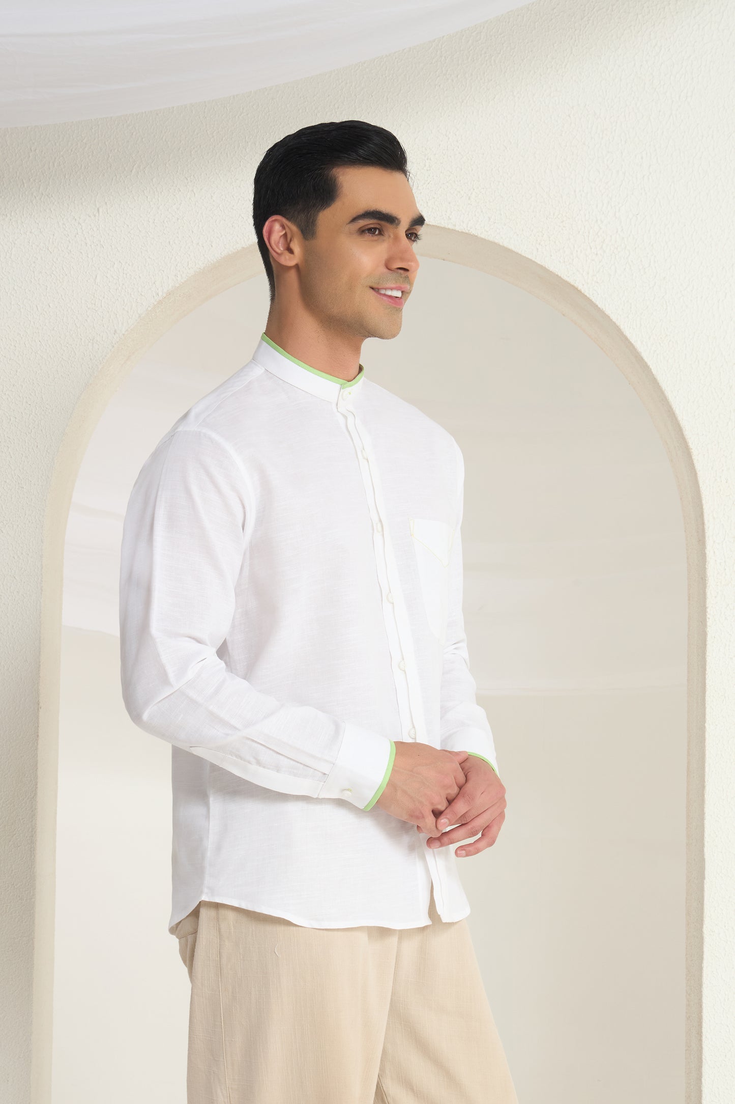 White Mandarin Collar Linen Shirt with Elegant Green Piping detailing on Collar, Cuff and Pocket | INDYSLAY