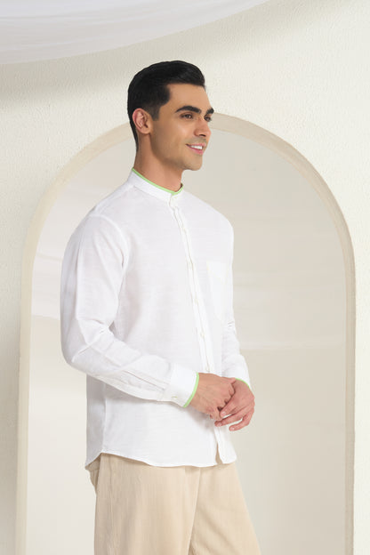 White Mandarin Collar Linen Shirt with Elegant Green Piping detailing on Collar, Cuff and Pocket | INDYSLAY