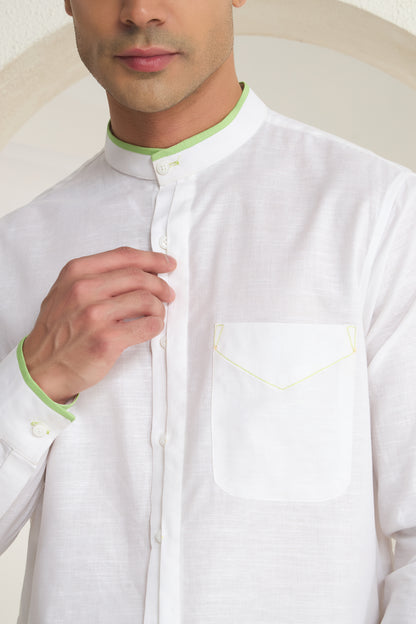 White Mandarin Collar Linen Shirt with Elegant Green Piping detailing on Collar, Cuff and Pocket | INDYSLAY