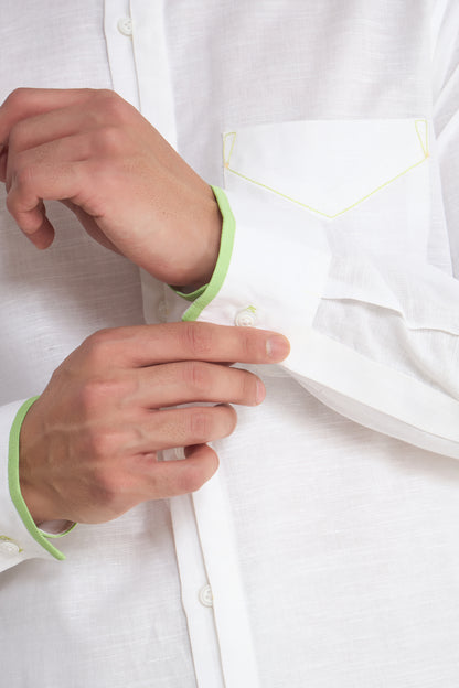 White Mandarin Collar Linen Shirt with Elegant Green Piping detailing on Collar, Cuff and Pocket | INDYSLAY