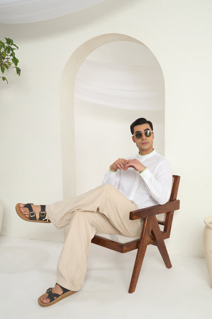 White Mandarin Collar Linen Shirt with Elegant Green Piping detailing on Collar, Cuff and Pocket | INDYSLAY