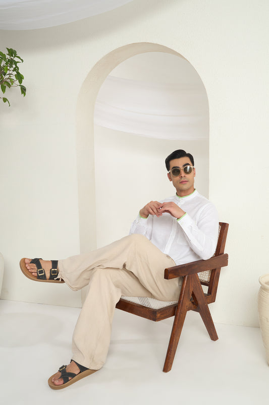 White Mandarin Collar Linen Shirt with Elegant Green Piping detailing on Collar, Cuff and Pocket | INDYSLAY