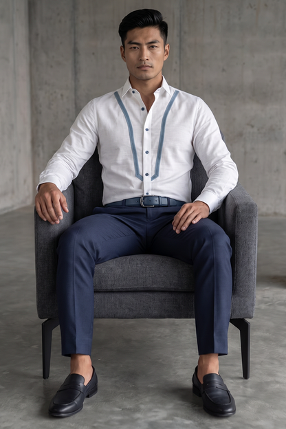 Linen Shirt with Denim Detailing