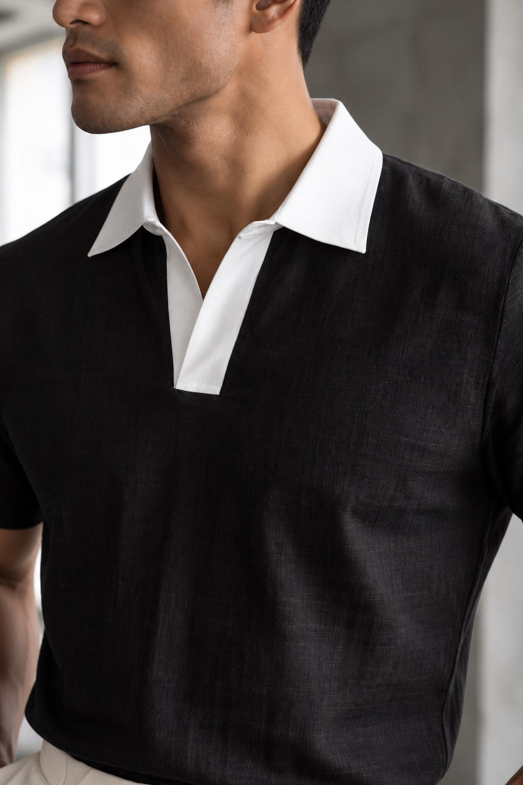 Linen Polo T-Shirt - Black