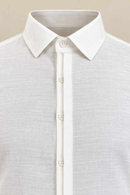 Half Concealed Placket White Linen Shirt