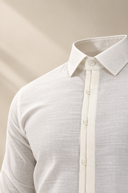 Half Concealed Placket White Linen Shirt