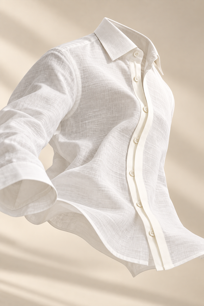 Half Concealed Placket White Linen Shirt