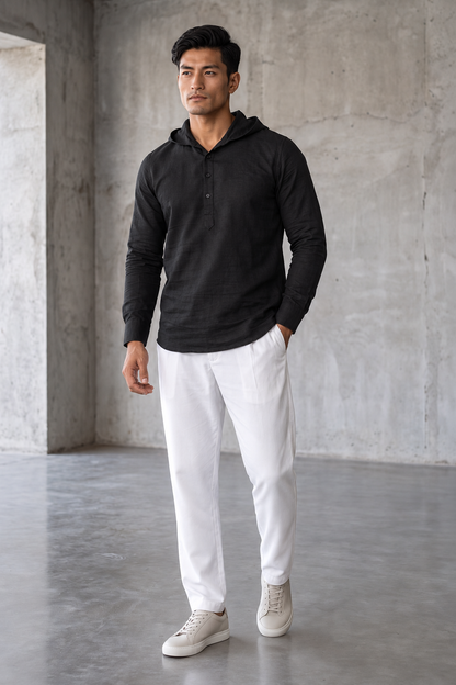 Black Linen Hoodie Shirt