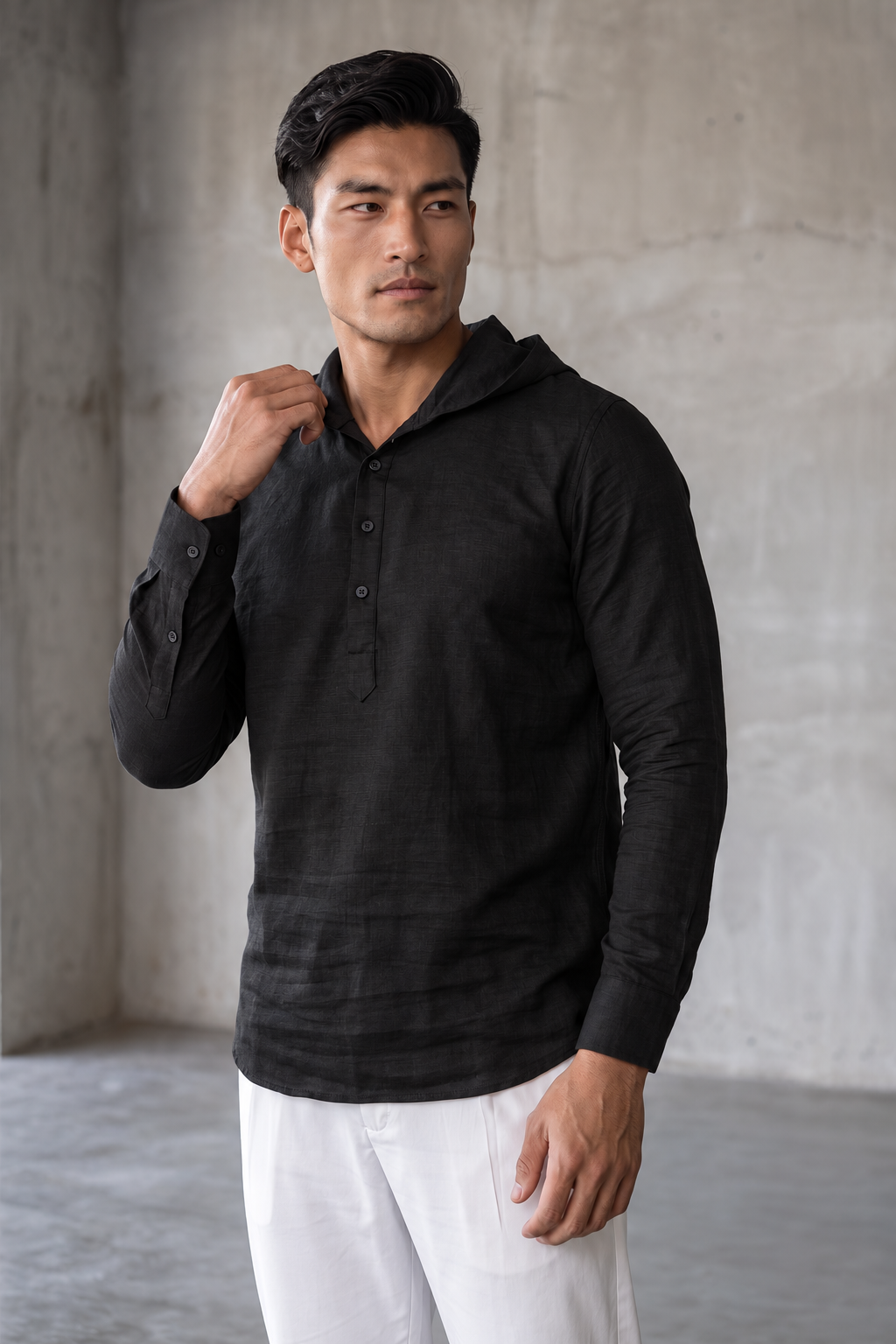 Black Linen Hoodie Shirt
