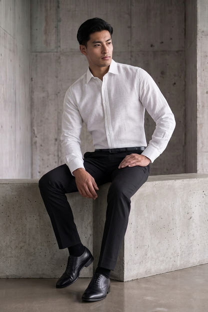 Half Concealed Placket White Linen Shirt