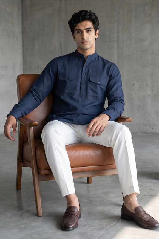Navy Blue Linen Guru Kurta