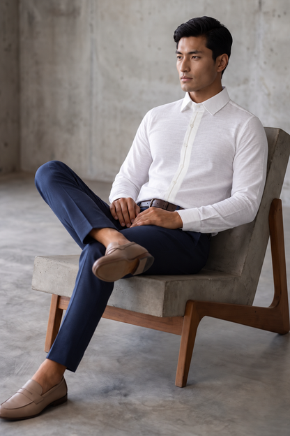 Half Concealed Placket White Linen Shirt