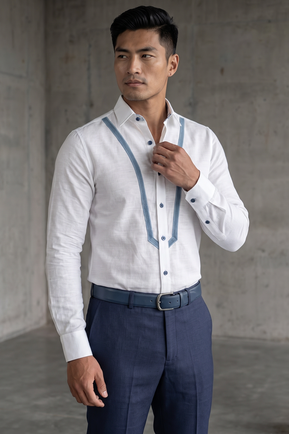 Linen Shirt with Denim Detailing